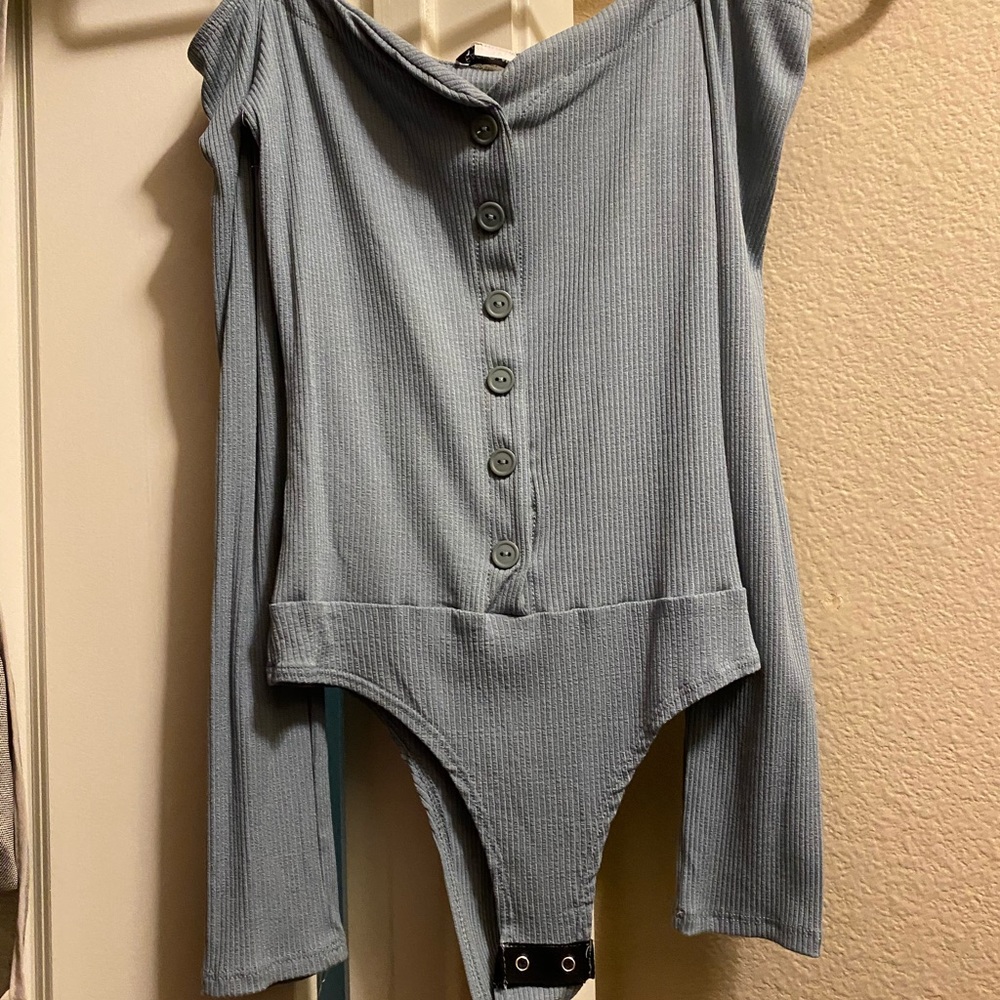 Blue Fashion Nova off the shoulder bodysuit